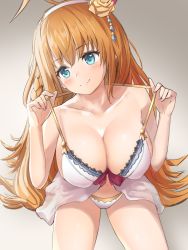 Rule 34 | 1girl, ahoge, armpit crease, bare arms, bare shoulders, bikini, blue eyes, blush, bow, breasts, cleavage, closed mouth, collarbone, dargo, flower, from above, hair flower, hair ornament, halterneck, head tilt, large breasts, long hair, navel, orange hair, pecorine (princess connect!), pecorine (summer) (princess connect!), princess connect!, red bow, sidelocks, sitting, smile, solo, split mouth, swimsuit, very long hair, white bikini