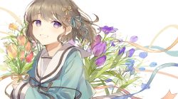 Rule 34 | 1girl, blue ribbon, bouquet, female focus, flower, hair ribbon, highres, holding, holding flower, long sleeves, looking at viewer, medium hair, original, oyuyu, purple eyes, ribbon, simple background, smile, solo, upper body, white background, yellow ribbon