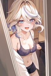 Rule 34 | 1girl, absurdres, alternate costume, black shorts, blue eyes, blue hair, blush, breasts, cleavage, colored inner hair, commentary, cowboy shot, dasha, furina (genshin impact), genshin impact, hair between eyes, hashtag-only commentary, heterochromia, highres, indoors, light blue hair, looking at viewer, lower teeth only, medium breasts, multicolored hair, navel, open clothes, open mouth, opening door, revision, short hair, shorts, sidelocks, smile, solo, standing, stomach, streaked hair, teeth, two-tone hair, white hair
