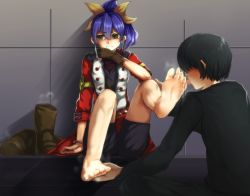 Rule 34 | 1boy, 1girl, barefoot, blue hair, boots, feet, feet licking, green eyes, highres, leg up, licking, licking foot, long hair, looking away, ponytail, serena (yu-gi-oh!), shoes, unworn shoes, sitting, soles, steam, toes, yu-gi-oh!, yu-gi-oh! arc-v