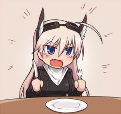 Rule 34 | 1girl, ahoge, animated, animated gif, blonde hair, blue eyes, blush, chibi, fork, goggles, goggles on head, hanna-justina marseille, knife, long hair, lowres, military, military uniform, non-web source, null (nyanpyoun), open mouth, plate, smile, solo, strike witches, uniform, witches of africa, world witches series