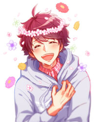 Rule 34 | 1boy, :d, ^ ^, a3!, ahoge, blush, closed eyes, collared shirt, commentary request, crying, drawstring, falling flower, flower, flower wreath, green flower, grey hoodie, hand up, happy tears, head wreath, hood, hood down, hoodie, long sleeves, male focus, open mouth, petals, pink flower, pink shirt, purple flower, raised eyebrows, red hair, sakuma sakuya, shirt, short hair, simple background, smile, solo, swept bangs, tayu (canary-san), tears, teeth, upper body, upper teeth only, white background, wing collar, yellow flower
