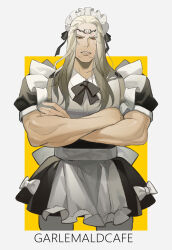 Rule 34 | 1boy, absurdres, apron, black bow, black bowtie, black shirt, black skirt, border, bow, bowtie, collared shirt, commentary request, crossdressing, crossed arms, diadem, english text, final fantasy, final fantasy xiv, frilled apron, frills, grey hair, hair bow, highres, long hair, looking at viewer, maid, maid headdress, male focus, male maid, muscular, muscular male, og-pogg, orange eyes, outside border, parted bangs, pleated skirt, puffy short sleeves, puffy sleeves, shirt, short sleeves, sidelocks, simple background, skirt, solo, varis zos galvus, white apron, white border, white shirt, yellow background