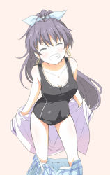 Rule 34 | 1girl, black hair, blush, breasts, cleavage, clenched teeth, dress shirt, earrings, closed eyes, ganaha hibiki, grin, idolmaster, idolmaster (classic), jewelry, leaning forward, long hair, one-piece swimsuit, open clothes, ponytail, purple hair, shirt, skirt, smile, solo, standing, swimsuit, teeth, tsukumo (soar99), undressing