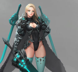 Rule 34 | 1girl, armor, breasts, cleavage, cleavage cutout, clothing cutout, daeho cha, earrings, gauntlets, green thighhighs, groin, hand on own hip, highleg, highleg leotard, highres, jewelry, large breasts, legs apart, leotard, lips, long hair, looking at viewer, solo, standing, sword, thighhighs, weapon