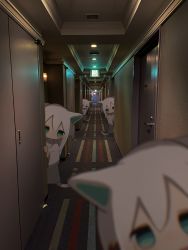 Rule 34 | 5girls, animal ears, backrooms (creepypasta), blue eyes, blurry, depth of field, hallway, hand up, highres, long hair, looking at viewer, matcha ore p, multiple girls, no mouth, original, oversized clothes, oversized shirt, peeking out, photo (medium), shirt, standing, tail, white hair, white shirt, white tail