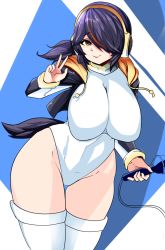 Rule 34 | 1girl, black hair, black jacket, breasts, brown eyes, commentary request, cowboy shot, emperor penguin (kemono friends), hair over one eye, headphones, heattech leotard, highleg, highleg leotard, highres, hood, hooded jacket, hoodie, jacket, kemono friends, kemonokiller, large breasts, leotard, long hair, looking at viewer, microphone, multicolored hair, penguin tail, solo, spanish commentary, streaked hair, tail, thigh gap, thighhighs, turtleneck, v, white leotard, white thighhighs