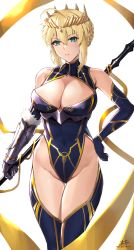 Rule 34 | 1girl, ahoge, aqua eyes, artoria pendragon (fate), artoria pendragon (lancer) (fate), bare shoulders, blonde hair, blue gloves, blue legwear, blue leotard, braid, breasts, cleavage, covered navel, crown, elbow gloves, fate/grand order, fate (series), french braid, gauntlets, gloves, heattech leotard, highres, keisuke desu~, large breasts, leotard, looking at viewer, parted lips, solo, standing, thighs, white background