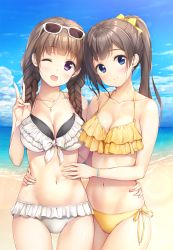 Rule 34 | 2girls, ;d, bad id, bad twitter id, beach, bikini, blue eyes, bow, bracelet, braid, breasts, cleavage, cloud, collarbone, commentary, cowboy shot, cross, cross necklace, day, eyewear on head, frilled bikini, frills, hair bow, hand on another&#039;s hip, hand on another&#039;s stomach, highres, jewelry, large breasts, medium breasts, multiple girls, navel, necklace, one eye closed, open mouth, original, outdoors, pasdar, ponytail, purple eyes, side-by-side, sky, smile, sunglasses, swimsuit, twin braids, v, water, white bikini, yellow bikini, yellow bow