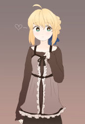 Rule 34 | 1girl, absurdres, ahoge, arm at side, artoria pendragon (all), artoria pendragon (fate), bebechi, blonde hair, blue eyes, braid, casual, fate/hollow ataraxia, fate/stay night, fate (series), french braid, grey background, heart, highres, official alternate costume, original, saber (fate), short hair, sketch, smile, solo