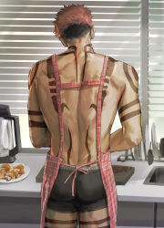 Rule 34 | 1boy, absurdres, apron, arm tattoo, ass, back, back tattoo, black male underwear, boxers, cooking, food, from behind, highres, indoors, jujutsu kaisen, leg tattoo, male focus, male underwear, muscular, muscular male, pink hair, ryoumen sukuna (jujutsu kaisen), short hair, shoulder tattoo, solo, tattoo, underwear, woshihedawei