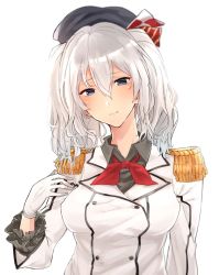 Rule 34 | 10s, 1girl, asakawa (outeq), beret, blue eyes, blush, breasts, buttons, epaulettes, female focus, frilled sleeves, frills, gloves, hat, jacket, kantai collection, kashima (kancolle), kerchief, large breasts, looking at viewer, military, military jacket, military uniform, sidelocks, silver hair, smile, solo, uniform, wavy hair, white gloves
