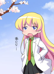 Rule 34 | 00s, 1girl, blonde hair, blue eyes, cherry blossoms, child, day, lab coat, long hair, necktie, pani poni dash!, rebecca miyamoto, sky, solo, translated, very long hair, youkan