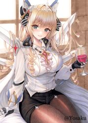 Rule 34 | 1girl, armored gloves, black shorts, blonde hair, blue eyes, blush, breasts, brown pantyhose, coat, collared shirt, crown (nikke), cup, diadem, drill hair, drinking glass, fishnet pantyhose, fishnets, goddess of victory: nikke, hair ornament, headgear, holding, holding cup, jacket, jewelry, large breasts, long hair, looking at viewer, marker (medium), necklace, pantyhose, shirt, shorts, sitting, smile, solo, thighs, traditional media, twitter username, white coat, white jacket, white shirt, yosaku vs hina
