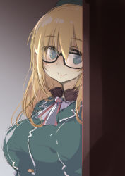 Rule 34 | 1girl, absurdres, ascot, atago (kancolle), beret, bespectacled, black-framed eyewear, blonde hair, blue hat, breasts, door, fyuo, glasses, gradient background, hat, highres, kantai collection, large breasts, long hair, looking at viewer, military, military uniform, one-hour drawing challenge, solo, uniform, upper body, white ascot
