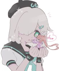 Rule 34 | 2girls, animal ears, aqua neckerchief, beret, black headwear, black sailor collar, blush, bow, carrying, carrying person, closed eyes, commentary request, denonbu, full body, green eyes, hair bow, hair ornament, hair over one eye, hairclip, hands up, hat, heart, highres, jacket, kiss, kissing cheek, long hair, long sleeves, looking at another, minakami hina, mini person, minigirl, multiple girls, neckerchief, notice lines, open mouth, orange hair, pink jacket, puffy short sleeves, puffy sleeves, rabbit ears, safety pin, sailor collar, sakurano mimito, shirt, short hair, short sleeves, sparkle, teko (tkmr c5), twintails, upper body, white background, white hair, white shirt, wristband