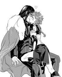 Rule 34 | 2boys, alexander (fate), back, braid, cape, crop top, eye contact, fate/grand order, fate (series), formal, glasses, greyscale, half-closed eyes, heart, kiss, leg up, legs, long hair, looking at another, lord el-melloi ii, male focus, midriff, monochrome, multiple boys, sandals, simple background, sitting, suit, sweat, waver velvet, white background, yaoi, youhe hino