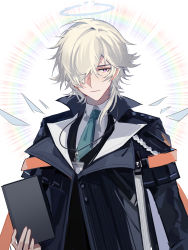 Rule 34 | 1boy, arknights, black coat, blue necktie, book, closed mouth, coat, collared shirt, detached wings, energy wings, enforcer (arknights), hair over one eye, halo, highres, holding, holding book, jiang bian zhishu, long sleeves, male focus, necktie, pink eyes, shirt, short hair, silver hair, simple background, smile, solo, upper body, white background, white shirt, wings