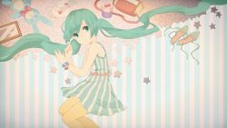 Rule 34 | 1girl, bad id, bad pixiv id, bow, dress, floating hair, flower, green eyes, green hair, hatsune miku, heart, highres, kise (swimmt), letter, long hair, matching hair/eyes, pantyhose, picture frame, polka dot, shoes, silhouette, sleeveless, smile, solo, star (symbol), striped background, striped clothes, striped dress, stuffed animal, stuffed rabbit, stuffed toy, twintails, very long hair, vocaloid, watch, wristwatch, yellow pantyhose