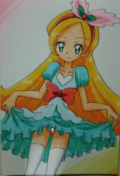 Rule 34 | 1girl, absurdres, ashigaki radar, bar censor, blonde hair, blue dress, blue eyes, blush, breasts, censored, cherry hair ornament, clothes lift, collarbone, dress, dress lift, food-themed hair ornament, hair ornament, hairband, highres, kirahoshi ciel, kirakira precure a la mode, leaf, long hair, looking at viewer, multicolored background, no panties, pink background, precure, puffy sleeves, pussy, short sleeves, small breasts, smile, standing, symbol-shaped pupils, thighhighs, white background, white thighhighs, yellow background