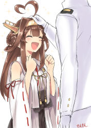 Rule 34 | 10s, 1boy, 1girl, :d, ^ ^, admiral (kancolle), ahoge, artist name, bare shoulders, blush, brown hair, brown skirt, clenched hands, closed eyes, detached sleeves, double bun, gloves, hair bun, hairband, happy, head pat, headgear, headpat, heart, heart ahoge, kantai collection, kongou (kancolle), long hair, military, military uniform, naval uniform, nontraditional miko, open mouth, pleated skirt, ribbon-trimmed sleeves, ribbon trim, sensen, simple background, skirt, smile, sparkle, uniform, white background, white gloves