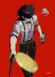 Rule 34 | 1boy, beard, black hair, cigarette, commentary request, facial hair, frilled shirt, frills, gun, hat, hat over one eye, highres, holding, holding gun, holding paper, holding weapon, jigen daisuke, looking at viewer, lupin iii, max801115, pants, paper, red background, shirt, simple background, smoke, solo, striped clothes, striped pants, suspenders, vertical-striped clothes, vertical-striped pants, weapon