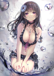Rule 34 | 1girl, bare shoulders, bikini, bikini skirt, black choker, black hair, blunt bangs, blush, breasts, choker, cleavage, collarbone, flower, frilled bikini, frills, front-tie bikini top, front-tie top, grin, hair flower, hair ornament, hairclip, hands on own thighs, highres, jewelry, leaning forward, long hair, looking at viewer, medium breasts, missile228, navel, necklace, open mouth, original, partially submerged, partially underwater shot, pink eyes, smile, solo, standing, swimsuit, teeth, thong bikini, water, wet