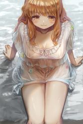 Rule 34 | 1girl, :3, absurdres, arm support, bed sheet, blush, breasts, cleavage, covered erect nipples, feet out of frame, female focus, glass moss, highres, idolmaster, idolmaster cinderella girls, lingerie, looking afar, looking at viewer, moroboshi kirari, negligee, no bra, no panties, on bed, orange hair, see-through, sitting, solo, straight hair, underwear