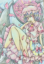 Rule 34 | 0917yuka, 1girl, arm support, ascot, bat wings, blue hair, collared shirt, convenient censoring, falling petals, finger to mouth, frilled shirt collar, frilled skirt, frilled sleeves, frills, hair between eyes, hat, highres, mob cap, pastel colors, petal censor, petals, pink headwear, pink shirt, pink skirt, puffy short sleeves, puffy sleeves, red ascot, red eyes, red ribbon, remilia scarlet, ribbon, ribbon-trimmed shirt, shirt, short hair, short sleeves, skirt, socks, touhou, traditional media, white footwear, white socks, wings