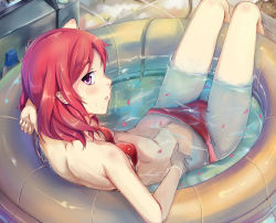 Rule 34 | 10s, 1girl, arm behind head, back, bad id, bad nicoseiga id, bikini, checkered floor, from behind, hose, kalian, looking at viewer, looking back, love live!, love live! school idol project, lying, nishikino maki, on back, open mouth, partially submerged, petals, profile, purple eyes, reclining, red bikini, red hair, short hair, solo, swimsuit, thigh gap, wading pool, water