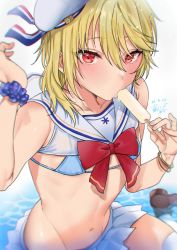 Rule 34 | 1boy, aina123, bikini, bikini top only, blonde hair, blue bikini, bow, crossdressing, dated, ensemble stars!, food, food in mouth, hair between eyes, hat, looking at viewer, navel, nito nazuna, popsicle, purple scrunchie, red bow, red eyes, sailor collar, scrunchie, sexually suggestive, shoes, short hair, signature, skirt, swimsuit, thighhighs, trap, water, white headwear, white legwear, white skirt