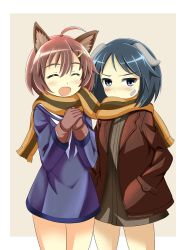 Rule 34 | 10s, 2girls, ahoge, animal ears, bandaid, bandaid on face, black hair, blue eyes, blush, border, brave witches, brown hair, cat ears, cowboy shot, dress, closed eyes, gloves, hair ornament, hairclip, hands in pockets, kanno naoe, karibuchi hikari, multiple girls, own hands together, red liquid (artist), sailor dress, scarf, shared clothes, shared scarf, short hair, world witches series
