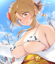 Rule 34 | 1girl, alternate costume, animal print, areola slip, bell, bikini, bikini top only, blue sky, blush, breasts, brown eyes, brown hair, cloud, commentary request, cow print, day, floral print, flower, hair flower, hair ornament, halterneck, hhh (wave), houston (kancolle), japanese clothes, kantai collection, kimono, large breasts, micro bikini, nose blush, obi, off shoulder, outdoors, sash, sideboob, sky, snow, solo, sweatdrop, swimsuit, tree, underboob, upper body, winter, yellow eyes, yukata