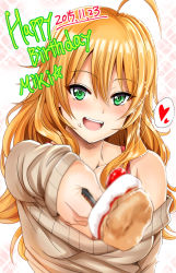 Rule 34 | 1girl, :d, ahoge, bad id, bad pixiv id, bare shoulders, blonde hair, blurry, blush, bra, breasts, cake, cleavage, collarbone, dated, food, food on face, foreshortening, fork, fruit, green eyes, hair between eyes, happy birthday, holding, hoshii miki, idolmaster, idolmaster (classic), inu (marukome), looking at viewer, medium breasts, off-shoulder, off-shoulder sweater, off shoulder, open mouth, red bra, revision, smile, solo, sparkle, strawberry, sweater, underwear, upper body