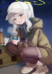Rule 34 | 1girl, absurdres, baseball cap, black pantyhose, black scarf, blue archive, cup, dusu (htkj), full body, green eyes, green halo, green jacket, grey footwear, halo, hare (blue archive), hare (camp) (blue archive), hat, highres, holding, holding cup, jacket, long hair, long sleeves, looking at viewer, night, night sky, official alternate costume, open mouth, outdoors, pantyhose, ponytail, scarf, shoes, sky, sneakers, solo, squatting, star (sky), starry sky, white hair, white hat
