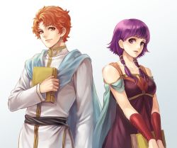 Rule 34 | 1boy, 1girl, arm guards, artur (fire emblem), bad id, bad pixiv id, bare shoulders, book, breasts, cape, couple, dress, fire emblem, fire emblem: the sacred stones, hetero, looking at another, looking at viewer, lotter75, lute (fire emblem), medium breasts, nintendo, orange eyes, orange hair, own hands together, parted lips, priest, purple eyes, purple hair, robe, short hair, simple background, smile, twintails, upper body