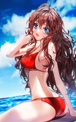 Rule 34 | 1girl, :3, :d, arched back, arm support, ass, baocaizi, bare arms, bare shoulders, bikini, blue eyes, blue sky, blush, breasts, brown hair, cloud, cowlick, hair between eyes, halterneck, hand in own hair, highres, ichinose shiki, idolmaster, idolmaster cinderella girls, long hair, looking at viewer, looking back, medium breasts, o-ring, o-ring bikini, ocean, open mouth, outdoors, red bikini, sitting, sky, smile, solo, sparkle, string bikini, swimsuit, water, wet, wet clothes, wet swimsuit