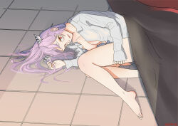 Rule 34 | 1girl, absurdres, animal ears, bags under eyes, bare legs, barefoot, blanket, blush, bottomless, breasts, cat ears, coat, collarbone, commentary, dated, english commentary, feet, girls&#039; frontline, highres, lab coat, long hair, long sleeves, looking at viewer, lying, medium breasts, messy hair, naked labcoat, on floor, on side, open clothes, open coat, parted lips, persica (girls&#039; frontline), pink hair, radish p, red eyes, signature, solo, tile floor, tiles, toes, under covers