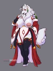 Rule 34 | absurdres, amaterasu (ookami), body fur, breasts, breasts apart, claws, dogsmith, earrings, facial mark, forest, furry, furry female, highres, japanese clothes, jewelry, kimono, large breasts, nail polish, nature, navel, nipples, nude, ookami (game), pussy, simple background, snout, solo, tail, third-party edit, wolf girl