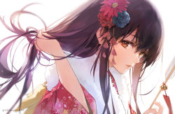 Rule 34 | 1girl, 888myrrh888, akagi (kancolle), arrow (projectile), bell, brown eyes, brown hair, floral print, from side, hair between eyes, hamaya, japanese clothes, kantai collection, kimono, lips, long hair, official alternate costume, print kimono, red kimono, simple background, solo, twitter username, upper body, white background