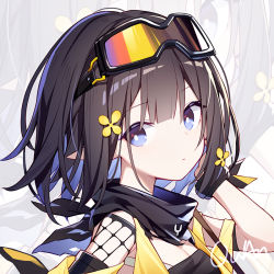 Rule 34 | 1girl, arknights, black hair, black scarf, blue eyes, breasts, chinese commentary, cleavage, commentary request, eunectes (arknights), goggles, goggles on head, hand in own hair, hand up, looking at viewer, pointy ears, quan (kurisu tina), scarf, short hair, solo, upper body, zoom layer