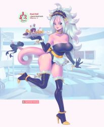 Rule 34 | android 21, apron, black gloves, black legwear, blue eyes, boots, bow, breasts, colored skin, dragon ball, dragon ball fighterz, elbow gloves, food, gloves, high heel boots, high heels, ice cream, latex, latex gloves, latex legwear, leotard, maid, maid headdress, majin android 21, pink skin, ribbon, supersatanson, sweets, tail, thigh boots, thighhighs, white hair