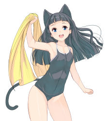 Rule 34 | 1girl, :d, animal ears, black hair, blue eyes, blunt bangs, blush, cat ears, cat tail, clenched hand, collarbone, cowboy shot, extra ears, head tilt, highres, holding, holding towel, kouno (masao), one-piece swimsuit, open mouth, original, simple background, smile, solo, swimsuit, tail, towel, white background