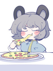 Rule 34 | 1girl, animal ears, blush stickers, capelet, chahan (fried rice0614), closed eyes, eating, food, grey capelet, grey hair, highres, holding, holding food, long sleeves, mouse ears, nazrin, pizza, shirt, short hair, simple background, solo, touhou, upper body, white background, white shirt