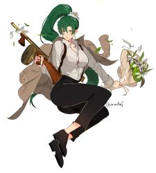 Rule 34 | 1girl, absurdres, blush, breasts, fire emblem, fire emblem: the blazing blade, flower, formal, green eyes, green hair, gun, high ponytail, highres, long hair, looking at viewer, lyn (fire emblem), nintendo, ormille, ponytail, solo, submachine gun, suit, thompson submachine gun, very long hair, weapon, white background