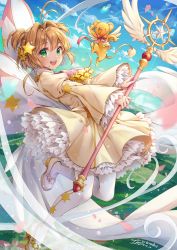 Rule 34 | 1girl, antenna hair, brown hair, cardcaptor sakura, cloud, commentary request, day, dress, frills, green eyes, hair intakes, hair ornament, highres, holding, holding staff, ika (4801055), kero (cardcaptor sakura), kinomoto sakura, looking at viewer, magical girl, outdoors, shoes, short hair, smile, staff, star (symbol), star hair ornament, teeth, twintails, two side up, upper teeth only, white legwear, wings