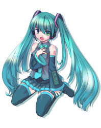 Rule 34 | 1girl, aqua eyes, aqua hair, aqua nails, bare shoulders, blue thighhighs, detached sleeves, hair ornament, hand on another&#039;s chest, hand on own chest, hatsune miku, kneeling, long hair, microphone, miniskirt, music, nail polish, necktie, open mouth, pleated skirt, simple background, singing, sitting, skirt, smile, solo, thighhighs, twintails, very long hair, vocaloid, wariza, yukimura tsubame, zettai ryouiki