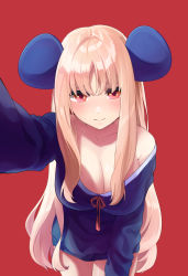 Rule 34 | 1girl, absurdres, animal ears, blonde hair, blue sweater, blush, breasts, cleavage, closed mouth, collarbone, commentary request, cowboy shot, fake animal ears, highres, hukahito, large breasts, leaning forward, long hair, long sleeves, looking at viewer, mouse ears, no pants, off shoulder, original, pink ribbon, red background, red eyes, ribbon, selfie, sidelocks, simple background, single bare shoulder, smile, solo, sweater, very long hair