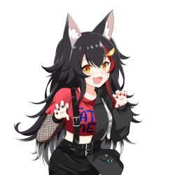 Rule 34 | 1girl, absurdres, animal ear fluff, animal ears, asymmetrical clothes, belt, black hair, black jacket, black nails, black skirt, claw pose, commentary request, crop top, fangs, felutiahime, fishnet sleeves, fishnets, hair between eyes, highres, hololive, jacket, long hair, looking at viewer, midriff, multicolored hair, nail polish, ookami mio, open mouth, red hair, red nails, red shirt, shirt, sidelocks, simple background, skirt, solo, streaked hair, virtual youtuber, white background, wolf ears, wolf girl, yellow eyes