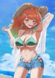Rule 34 | 1girl, :d, archinoer, arm up, armpits, beach, bikini, bikini under shorts, blue sky, breasts, cloud, day, earrings, feather earrings, feathers, floating hair, green bikini, hand up, hat, highres, hololive, hololive english, jewelry, large breasts, long hair, looking at viewer, multicolored hair, navel, ocean, open clothes, open mouth, open shirt, orange hair, outdoors, pink eyes, shirt, short shorts, shorts, sky, smile, solo, stomach, straw hat, streaked hair, swimsuit, takanashi kiara, takanashi kiara (casual), virtual youtuber, wet, wet clothes, wet shirt